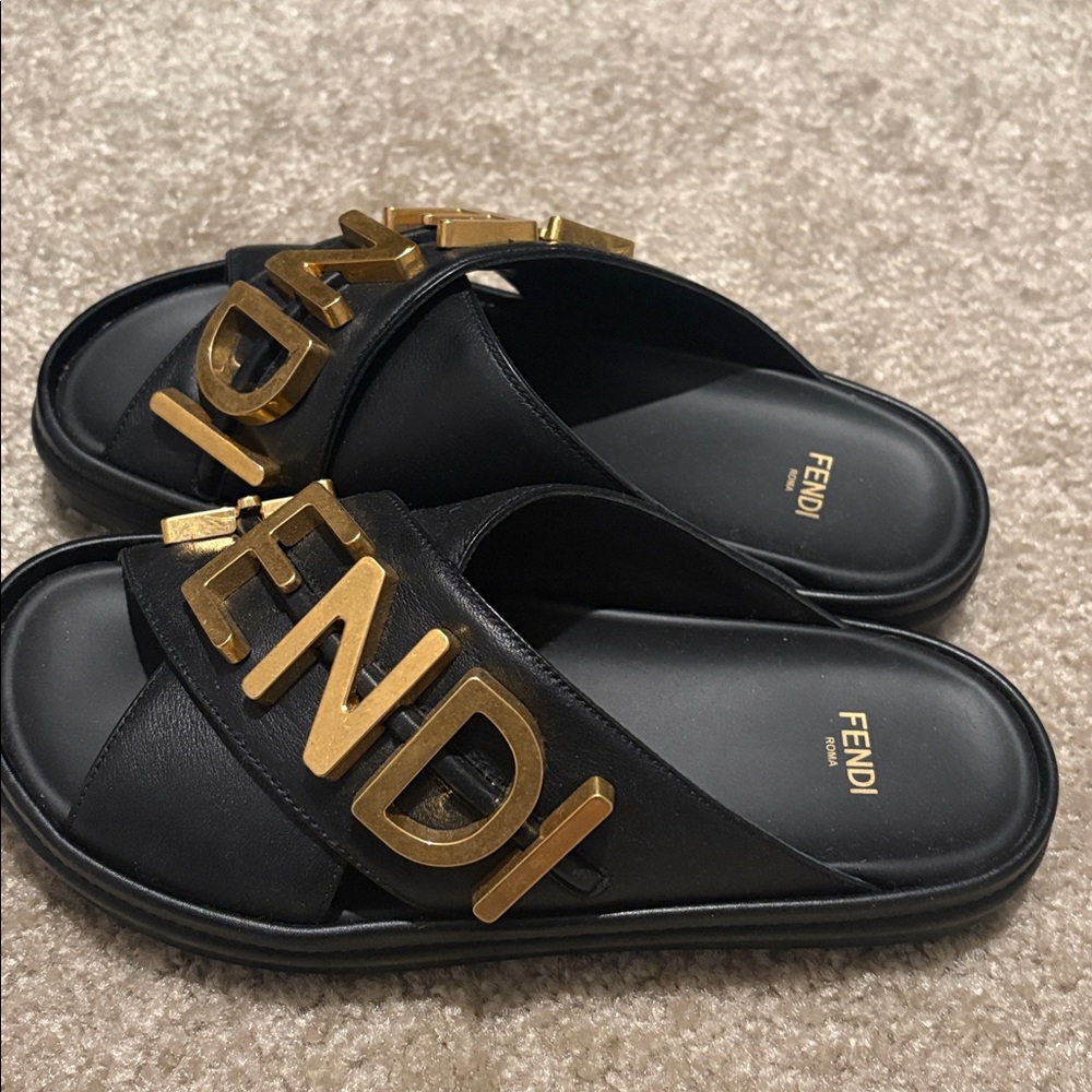 Authentic Fendi Black Slides with Gold Logo - Picture 2 of 8